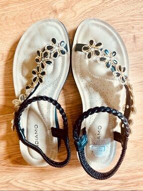 Diamonique Black and Gold Floral Embellished Women's Sandals